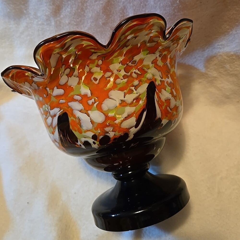 Art Glass Fluted Pedestal Bowl Orange, Black And White